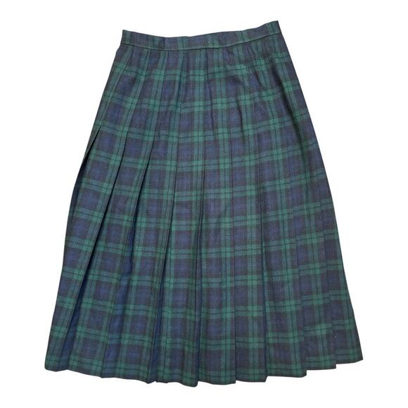 Vtg Lands' End Green Blue Plaid Wool Pleated Midi Wrap W. Pin Skirt Sz 10 USA - Picture 2 of 6